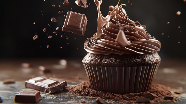 A cupcake made of chocolate, hyper-realistic, dark background