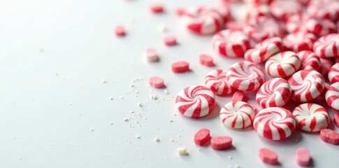Colorful peppermint candies scattered on a white surface, sweet, holiday