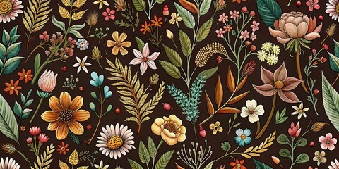Brown Background Floral Doodle Pattern: Hand-Drawn Botanical Flower & Plant Illustrations