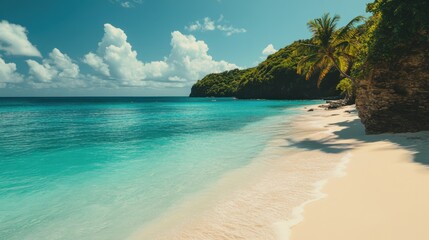 Fototapeta premium Serene Tropical Beach with Crystal Clear Waters and Lush Green Cliffs Under a Bright Blue Sky