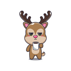deer mascot cartoon character vector illustration is tired and sleepy holding coffee.