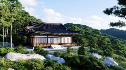 Traditional Asian House on a Mountainside