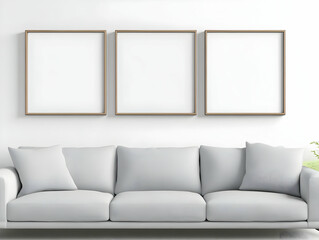 Grey sofa, three frames, modern room, interior design mock-up