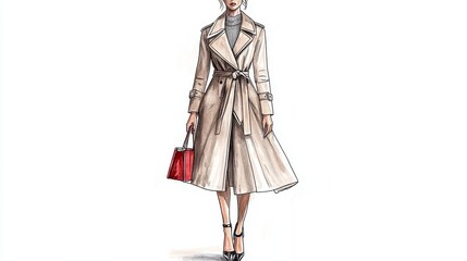 Chic Hand-Drawn Fashion Illustration of a Trench Coat Design