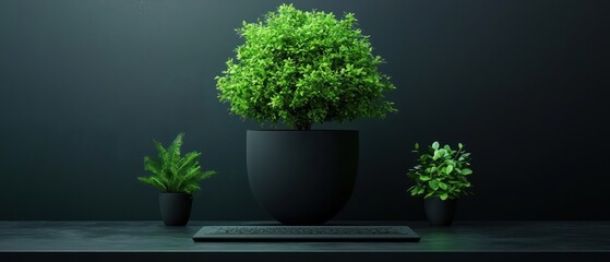 Fototapeta premium A minimalist display of potted plants against a dark background, emphasizing greenery.