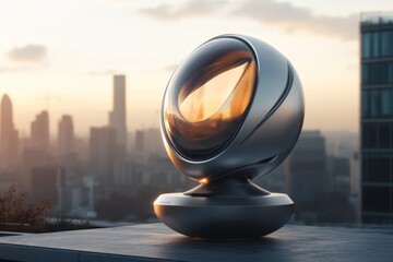 A futuristic wind turbine with sleek, modern designs operating efficiently on an urban rooftop