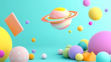 Whimsical 3D Render of Colorful Geometric Shapes and Planet Design