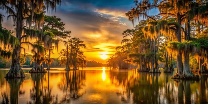 Caddo Lake Sunset: Bald Cypress Trees & Spanish Moss - Atmospheric Landscape Photography