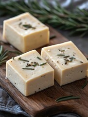 Handcrafted soap with a savory blend of goat cheese and herbs, ready to gift.