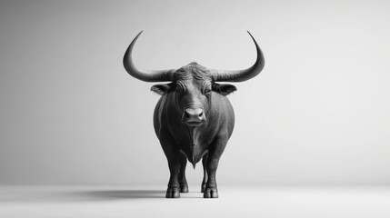 Majestic Horned Bull Portrait on White Background in Black and White