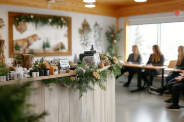 A group of prospective parents visiting an adoption agency, sitting in a welcoming room filled with family-oriented dÃ©cor