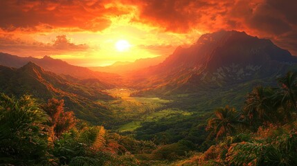 Fiery Sunset Over Lush Tropical Valley Mountains