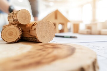 A home builder discussing floor plans with prospective homeowners, with blueprints and a small house model on the table