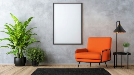 Modern Living Room Interior with Orange Chair and Green Plants