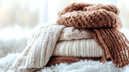 Cozy knitted scarves and blankets arranged aesthetically on a soft surface with natural light