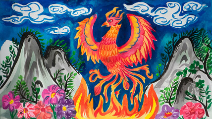 Obraz premium Phoenix Rising A Vibrant Watercolor Painting of the Mythical Bird of Fire Emerging from Flames in a Mountain Landscape Symbolizing Rebirth and Renewal
