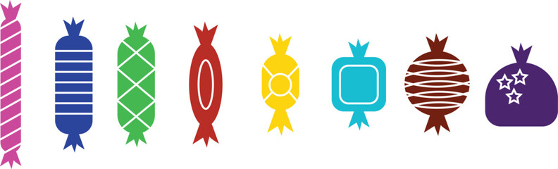 Sweets and candy icon set. Chocolate bars, caramel, toffee and lollipop on sticks, marmalade bears. Confectionery shop elements for birthday kids present cartoon flat isolated vector collection.