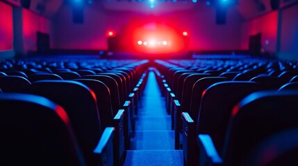 Naklejka premium Empty theater with rows of seats illuminated by colorful stage lights, creating a vibrant atmosphere