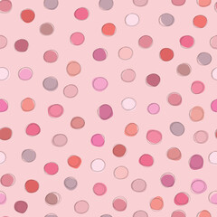Polka dots pattern on pink colors, cute hand drawn polka on pink background. Vector illustration for wrapping paper.