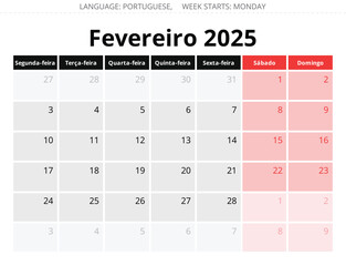 February PORTUGUESE monthly calendar for 2025 year. Vector illustration stylish design for Portugal