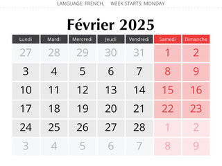 French calendar for february 2025. Vector illustration of winter month France