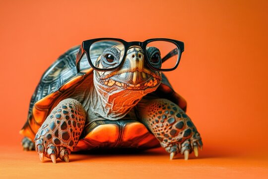 Hilarious image of turtle wearing glasses on a vibrant orange background, perfect for adding humor to a project.