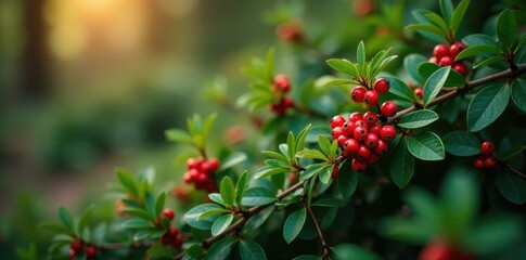 Obraz premium Low growing evergreen shrub with bright red berries, shrubs, berries, woodland