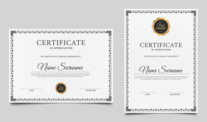 Certificate of appreciation template design. Minimalist certificate border with gold badge and lines pattern. Diploma award layout vector