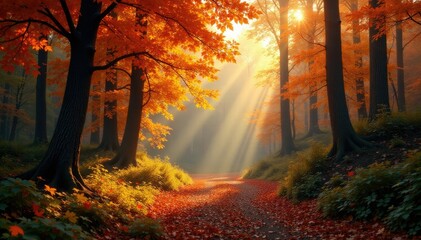 Obraz premium Lush forest foliage ablaze with autumn hues under warm sunlight, forest landscape, autumn colors