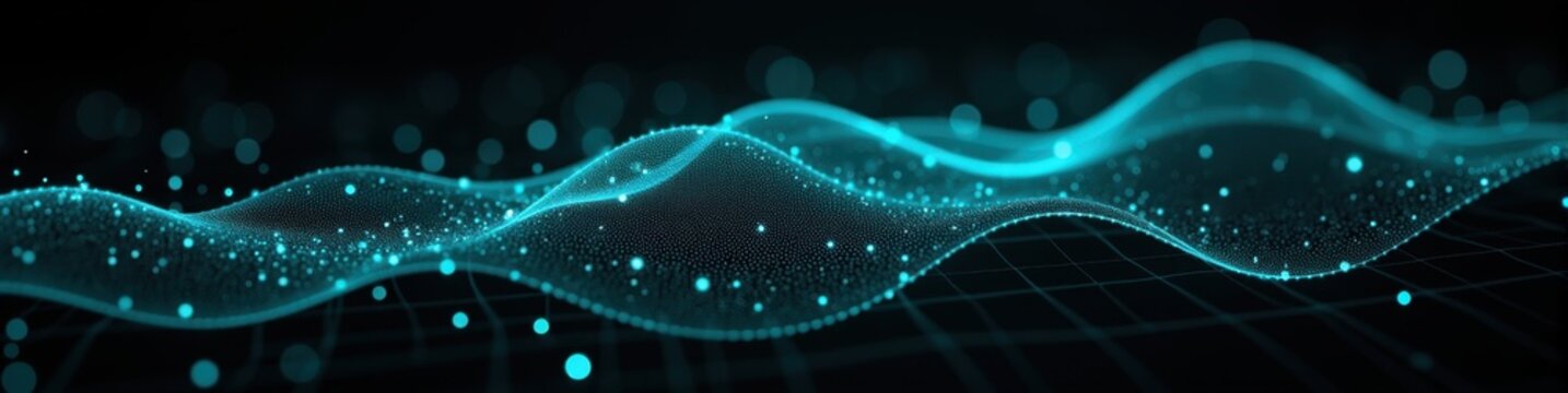 Glowing scatter plots with dynamic lines connecting clusters in deep black and teal gradient, futuristic analytics concept. Technology LinkedIn Banner