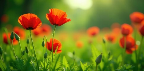 Fototapeta premium lush green grass under the large poppy flowers, nature, garden