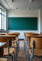 Empty classroom with vintage tone wooden chairs. Back to school concept
