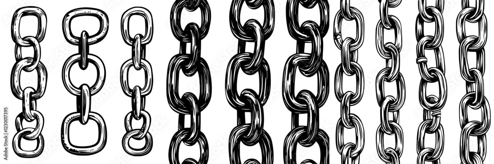 Poster diverse arrangements of chains showcasing various link styles with intricate details suitable for va