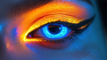 Close-up of a Vibrant Eye with Neon Makeup and Colorful Light Effects in a Stunning Artistic Display