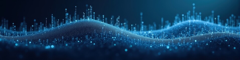 Abstract wave of numeric data points in deep blue background with soft glow, visualization of digital concepts. Futuristic Technology LinkedIn Banner