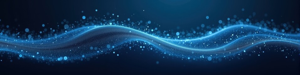 Wave of digital data points flowing smoothly against a deep blue background, representation of futuristic technology concept. Futuristic Technology LinkedIn Banner