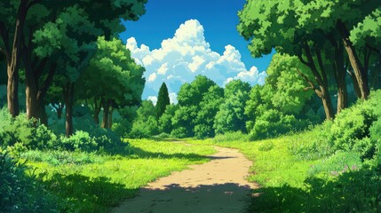 Obraz premium Lush Green Forest Path Summer Landscape Anime Scenery Background Wallpaper
