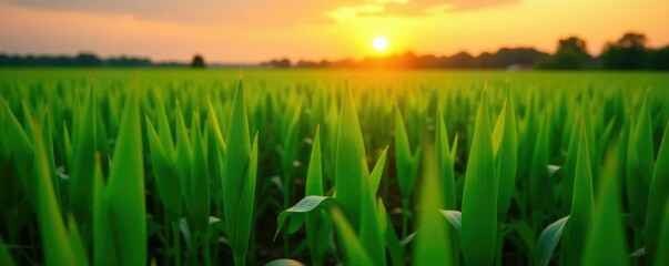 Obraz premium Majestic green maize seedlings in a cultivated field with a warm sunset background, agricultural field, countryside, farm