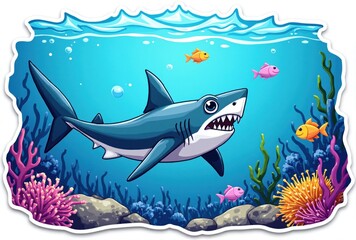 Fototapeta premium Cartoon Great White Shark in Underwater Coral Reef Scene