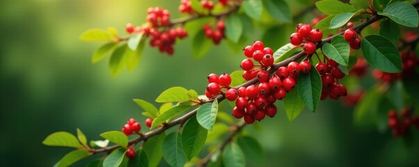 Obraz premium Mature Schisandra chinensis tree with sprawling branches and bright red berries, flower, flowering plant