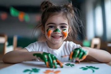 A young girl full of joy is engaged in painting with colorful hands, showcasing her creativity and expressive spirit in a lively, well-lit room filled with vibrant decorations.