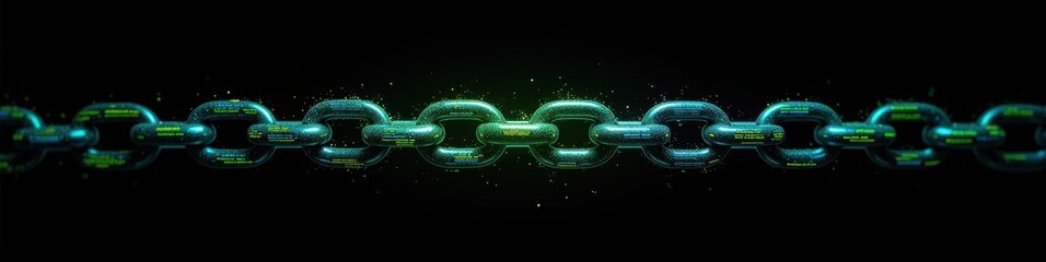 Digital chain link formed by neon green and blue code against a black background, high contrast technology concept. Futuristic Technology LinkedIn Banner