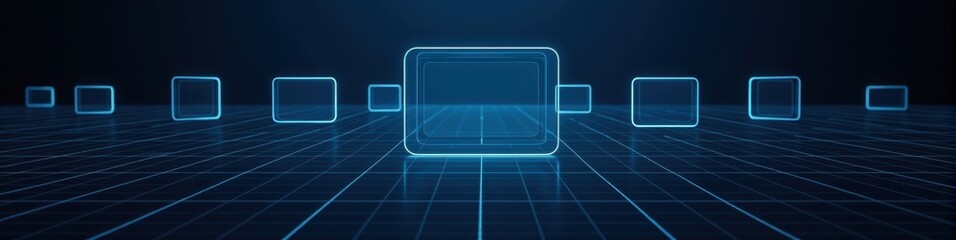 Obraz premium Schematic interface design with wireframe buttons and bright lines on a midnight blue background, modern technology concept. Futuristic Technology LinkedIn Banner