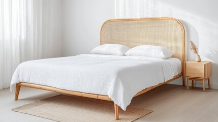 Cozy Minimalist Bedroom with Rattan Bed and Soft White Bedding