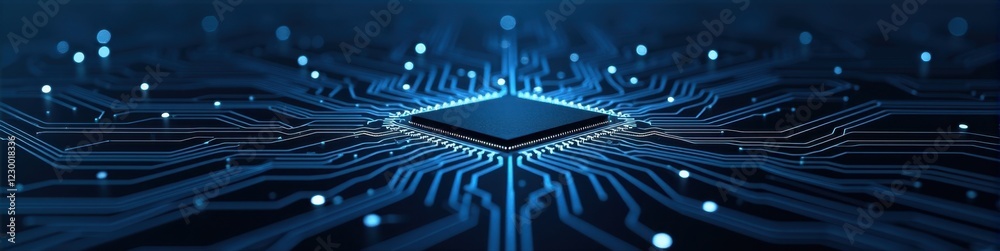 Fototapete blueprint-style microchip layout with white lines on dark navy background, sleek engineering design 