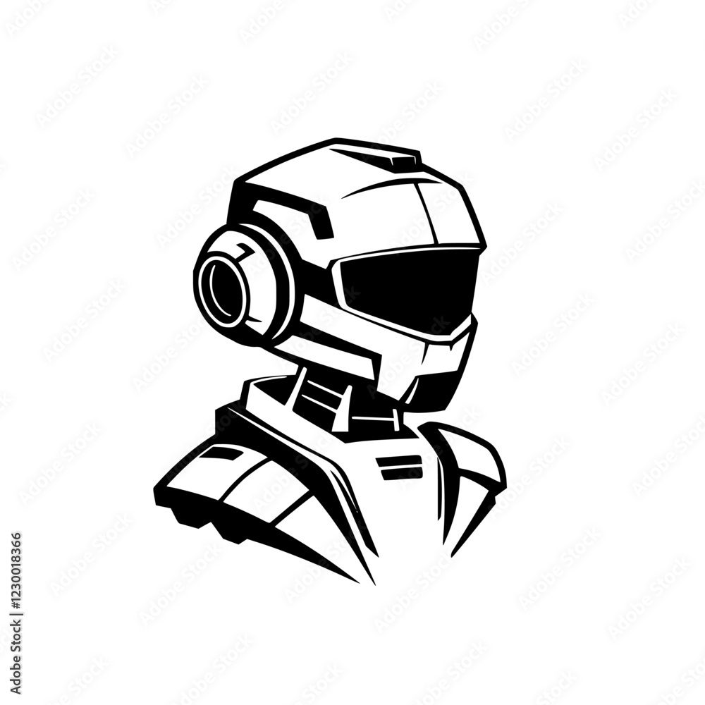 Poster futuristic robot design featuring a sleek helmet and advanced features in a digital art style