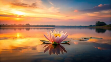 A serene lake at dawn with a single lotus flower blooming on its surface reflecting the warm hues of the sky, peaceful, reflection