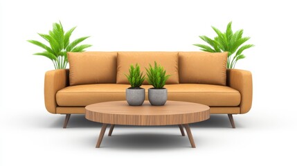 Modern Living Room Furniture with Green Plants and Wooden Table