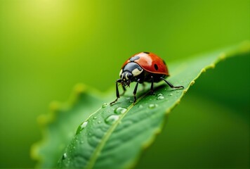 Ladybug on Dew-Covered Leaf