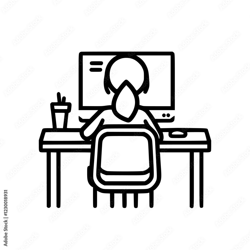 Poster person working on a computer at a desk with a drink and focused expression in a modern workspace